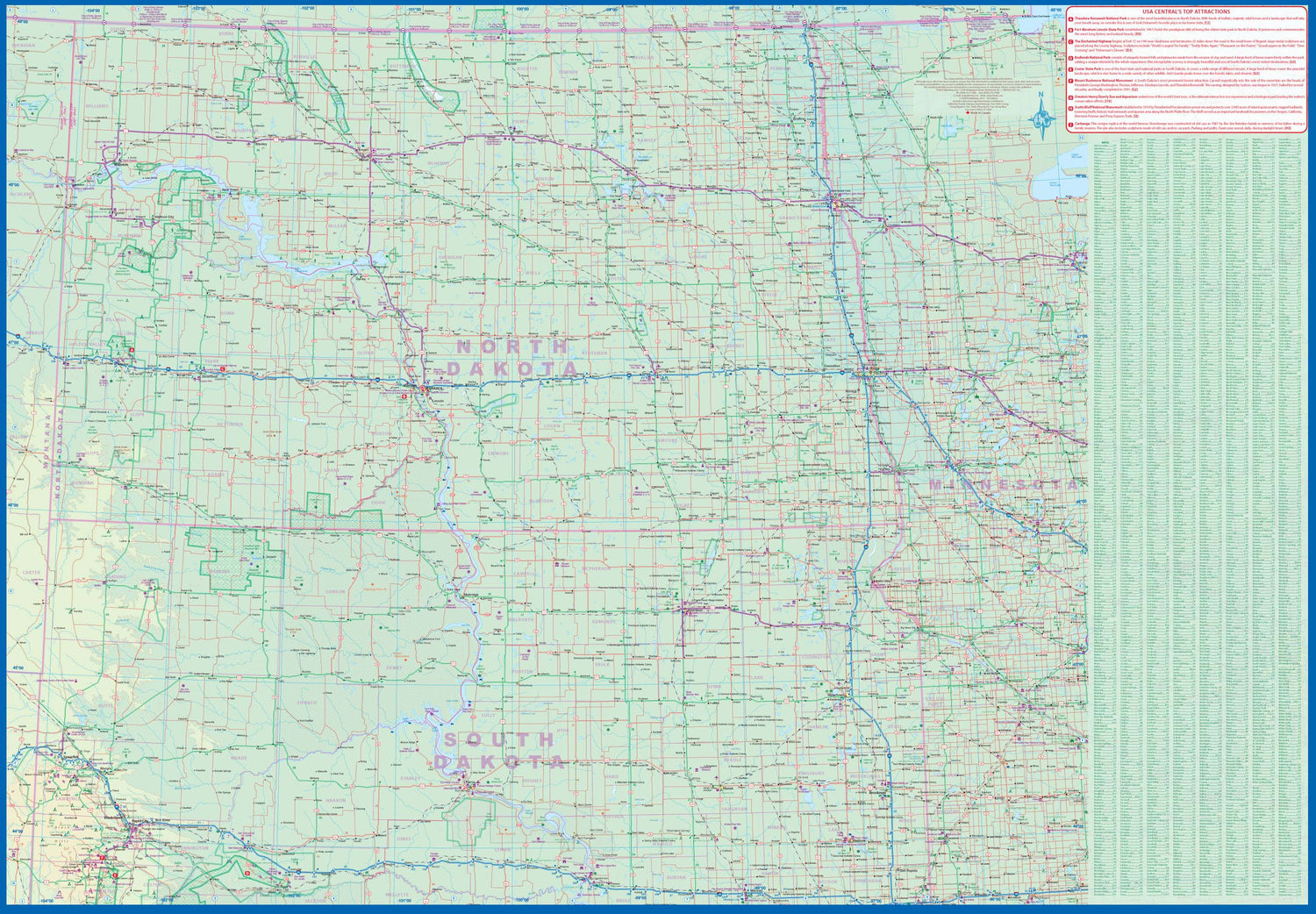 Carte de voyage - Dakota du Nord, Dakota du Sud & Nebraska (routes et chemins de fer) | ITM carte routière ITM