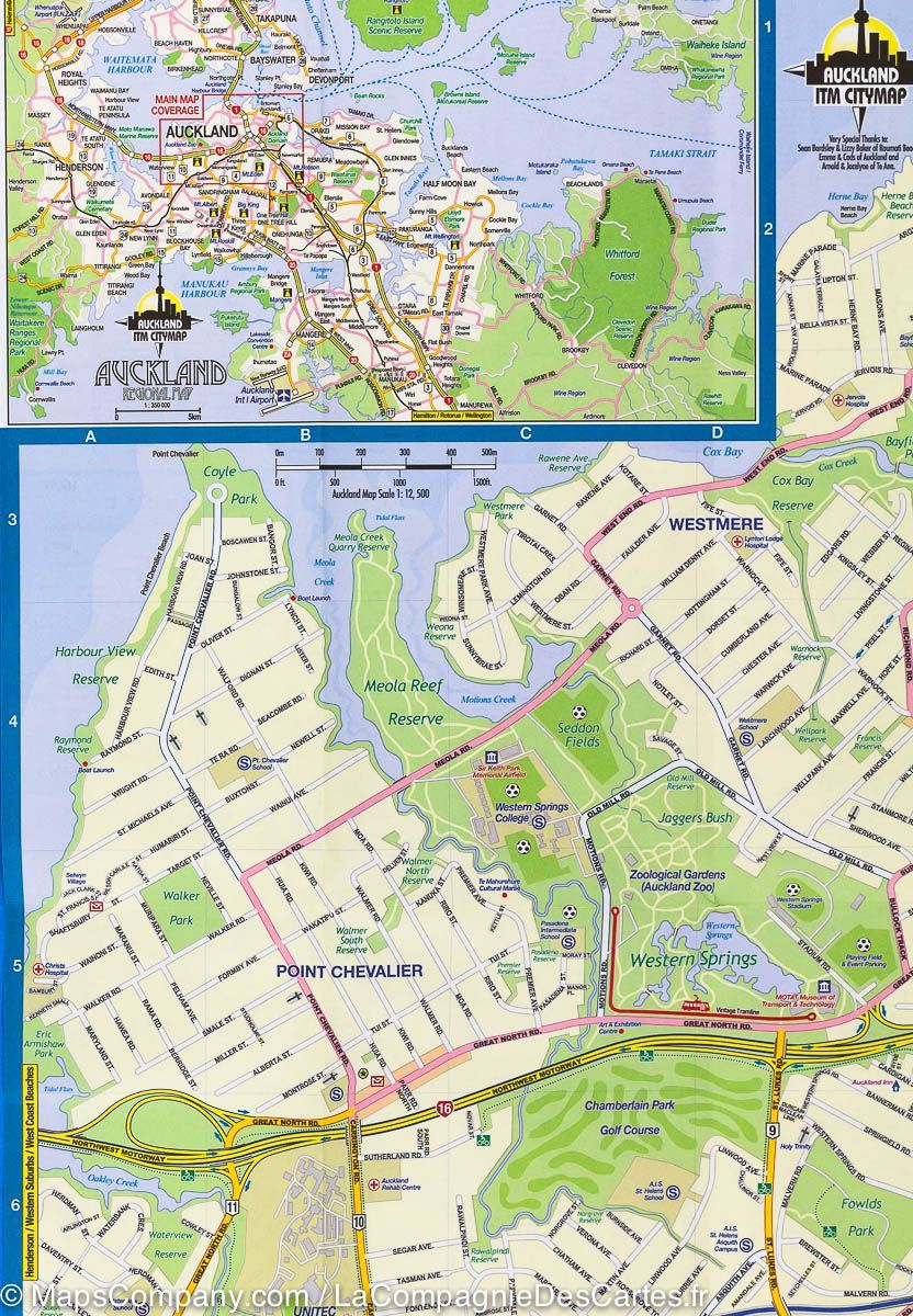 Carte de voyage - Ile du Nord (Nouvelle Zélande) & Plan d'Auckland | ITM carte routière ITM