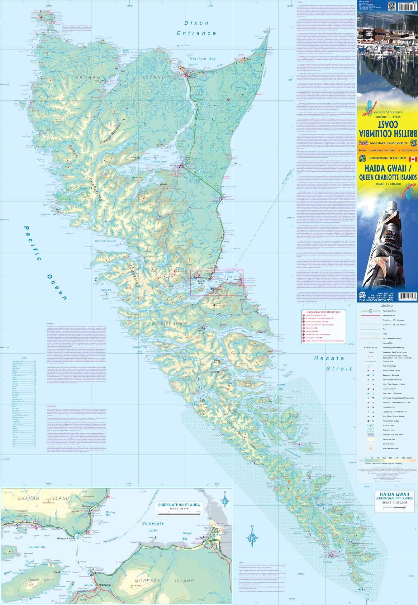 Carte de voyage - îles de la Reine Charlotte (Haida Gwaii) & Côte de la Colombie Britannique | ITM carte routière ITM