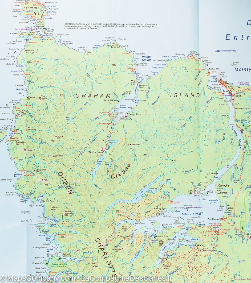 Carte de voyage - îles de la Reine Charlotte (Haida Gwaii) & Côte de la Colombie Britannique | ITM carte routière ITM
