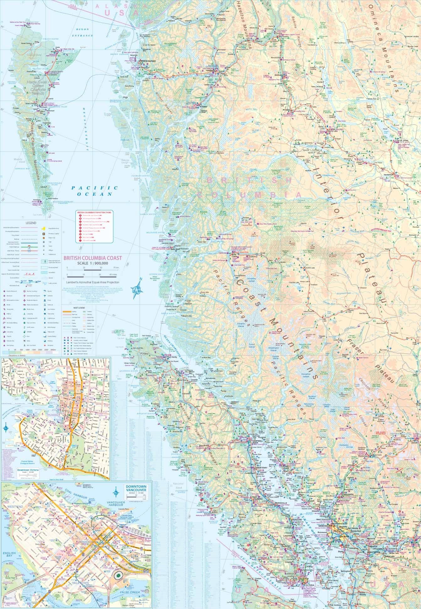 Carte de voyage - îles de la Reine Charlotte (Haida Gwaii) & Côte de la Colombie Britannique | ITM carte routière ITM