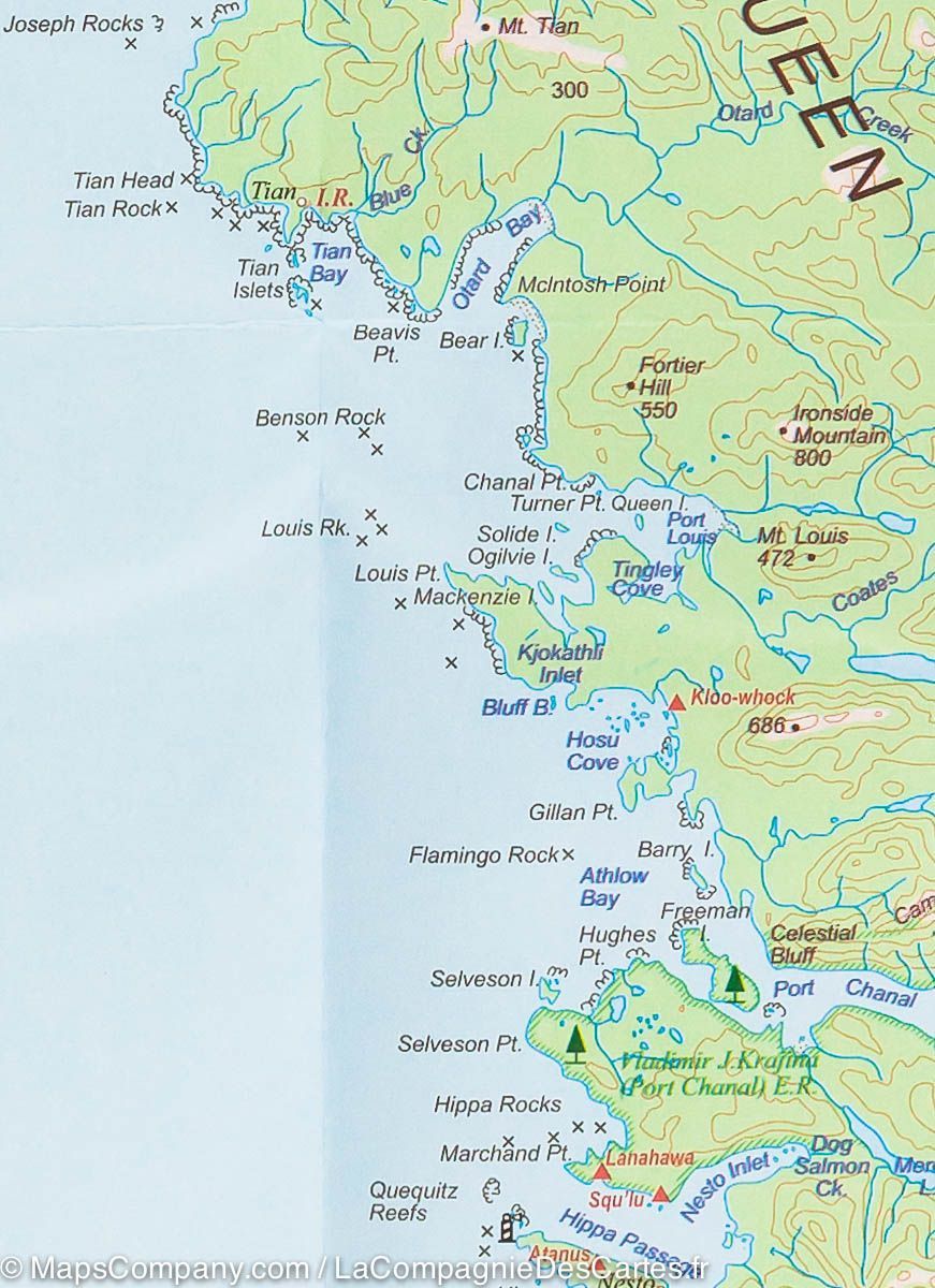 Carte de voyage - îles de la Reine Charlotte (Haida Gwaii) & Côte de la Colombie Britannique | ITM carte routière ITM