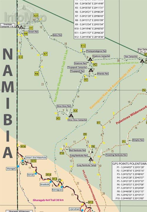Carte de voyage - Kgalagadi Transfrontier Park (Afrique du Sud) | Infomap carte routière Infomap