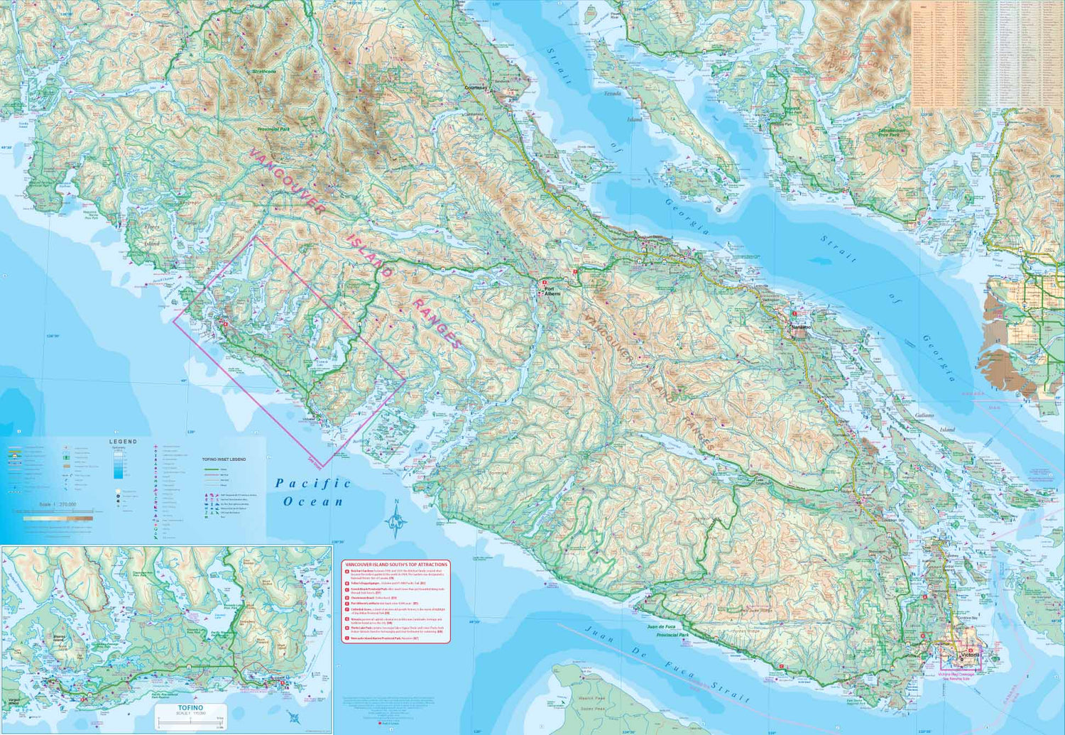 Carte de voyage - Sud de l'île de Vancouver (Colombie Britannique) & Plan de Victoria | ITM carte routière ITM