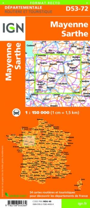 Carte départementale D53-72 - Mayenne & Sarthe | IGN carte routière IGN