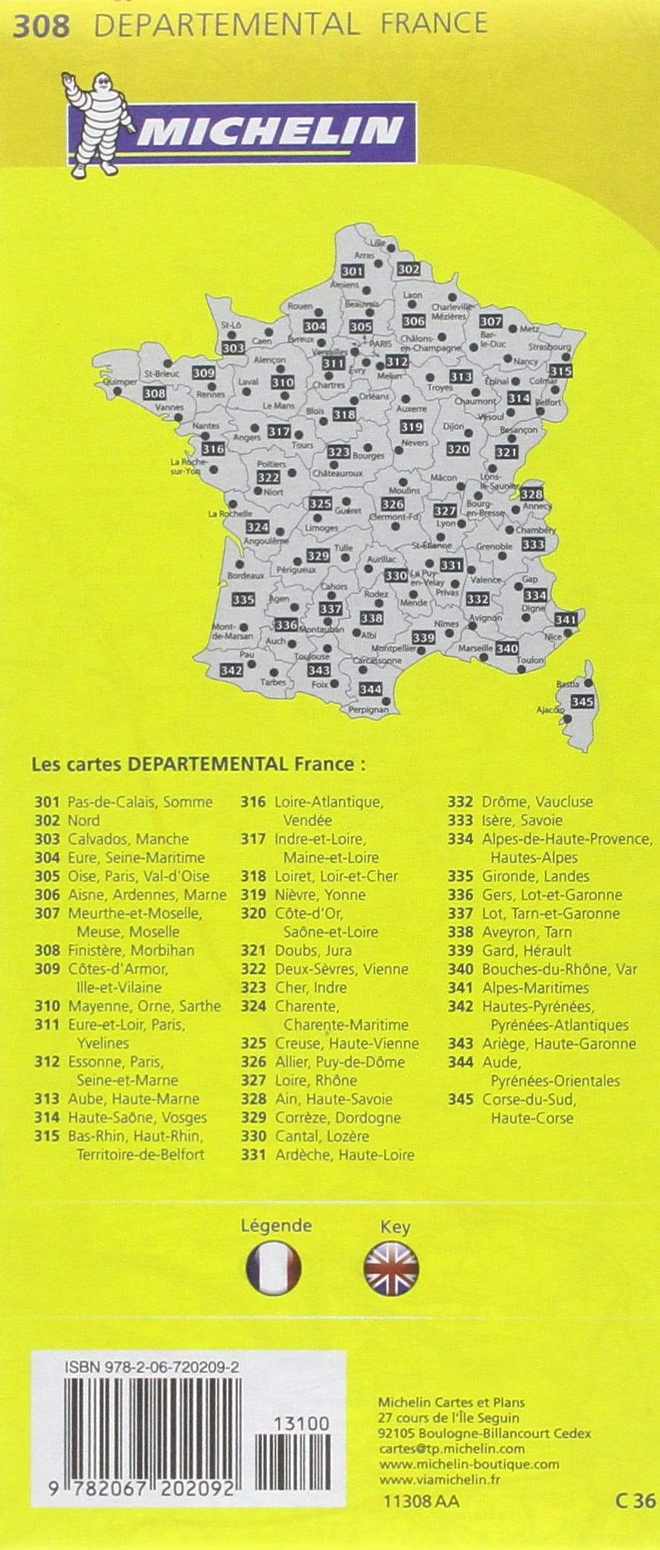Carte départementale n° 308 - Finistère & Morbihan | Michelin carte routière Michelin