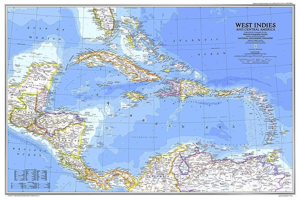 Carte des Antilles et de l'Amérique centrale 1981 carte murale roulée (en tube) National Geographic Historic POD Default Title
