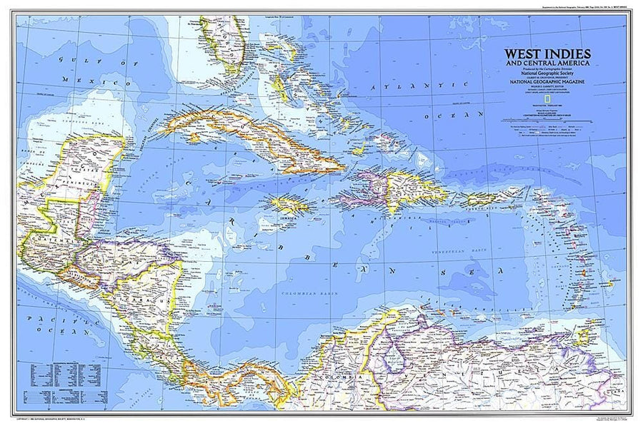1981 West Indies and Central America Map Wall Map 
