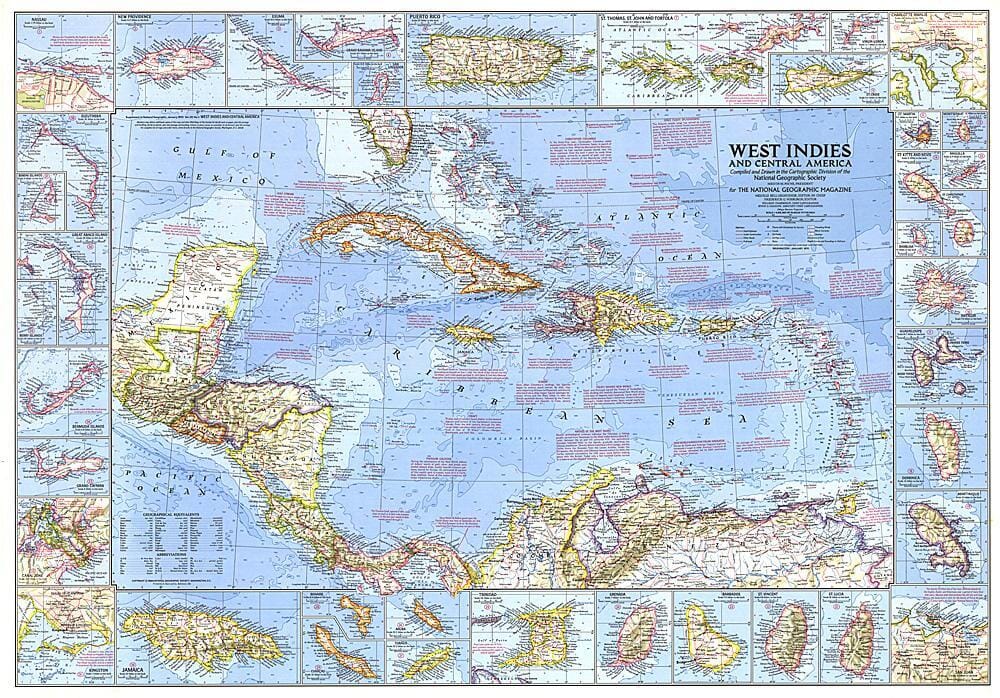 Carte des Antilles et de l'Amérique centrale de 1970 carte murale roulée (en tube) National Geographic Historic POD Default Title