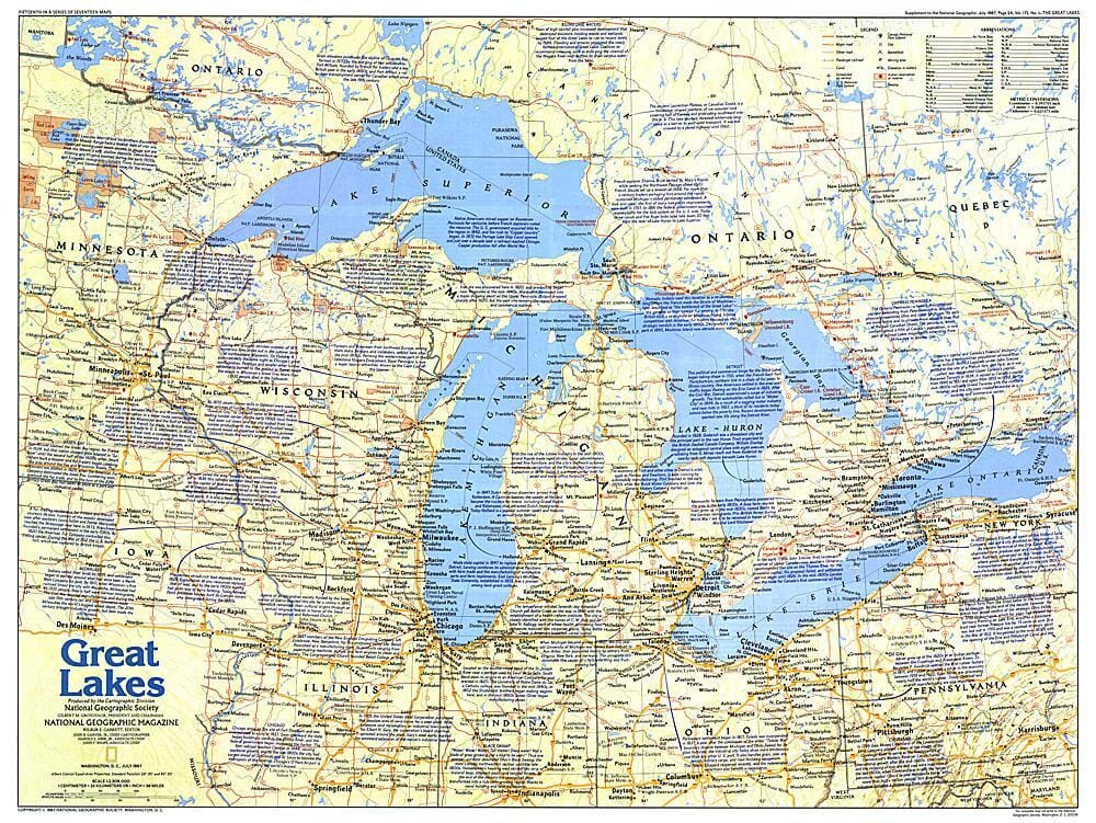 Carte des Grands Lacs 1987 Côté 1 carte murale roulée (en tube) National Geographic Historic POD Default Title