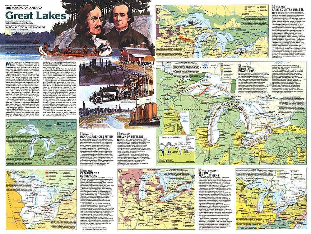 Carte des Grands Lacs 1987 Côté 2 carte murale roulée (en tube) National Geographic Historic POD Default Title