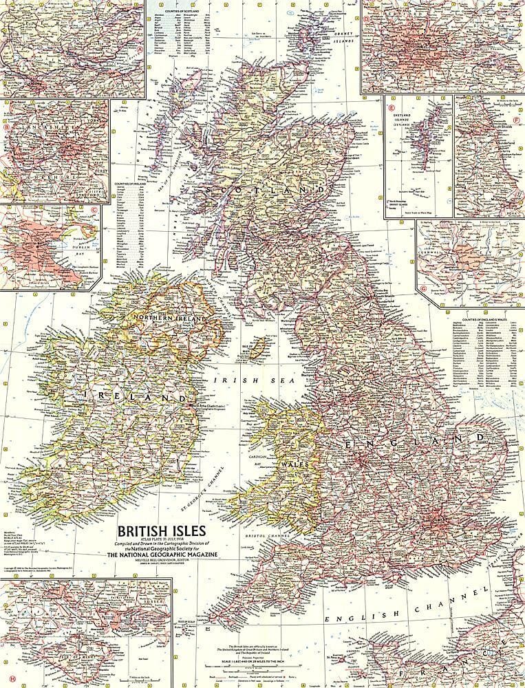 Carte des îles britanniques de 1958 carte murale roulée (en tube) National Geographic Historic POD Default Title