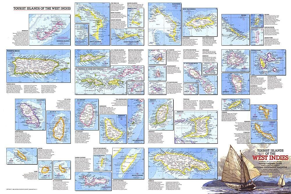 Carte des îles touristiques des Antilles 1981 carte murale roulée (en tube) National Geographic Historic POD Default Title