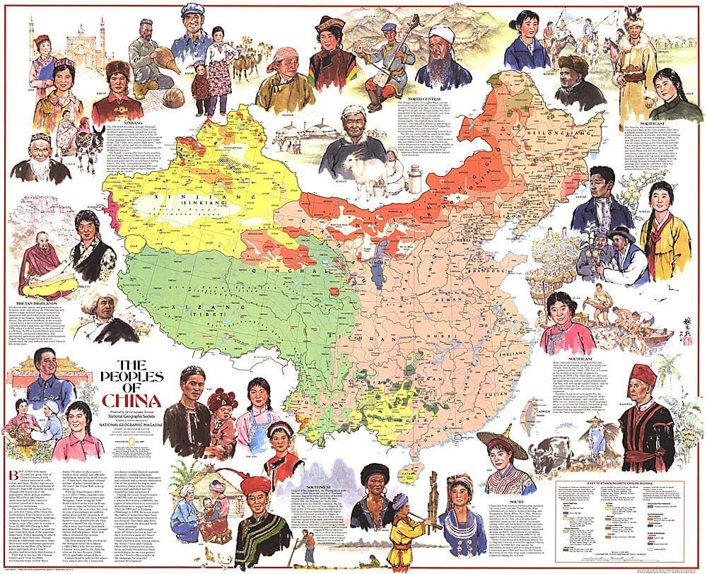 Carte des peuples de Chine de 1980 carte murale roulée (en tube) National Geographic Historic POD Default Title