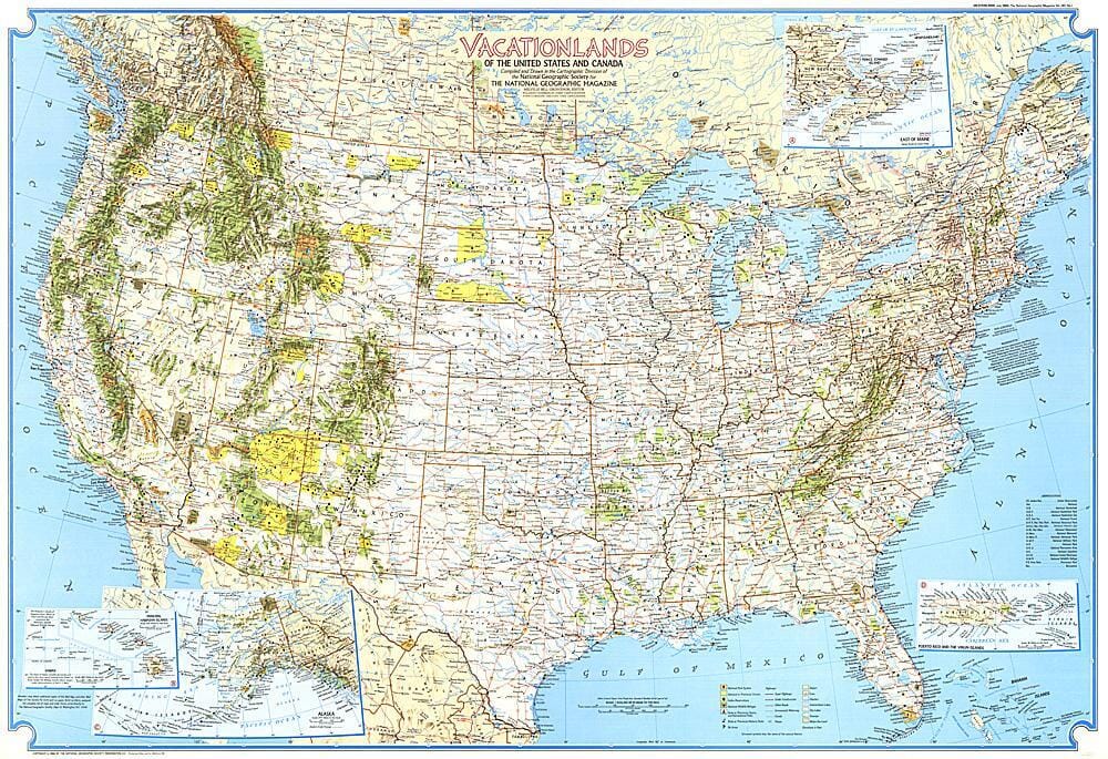 1966 Vacationlands of the United States and Canada Map Wall Map 