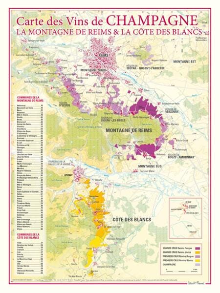 Carte des vins de Champagne - La Montagne de Reims et la Côte des Blancs | Benoit France carte murale livrée à plat Benoit France Default Title