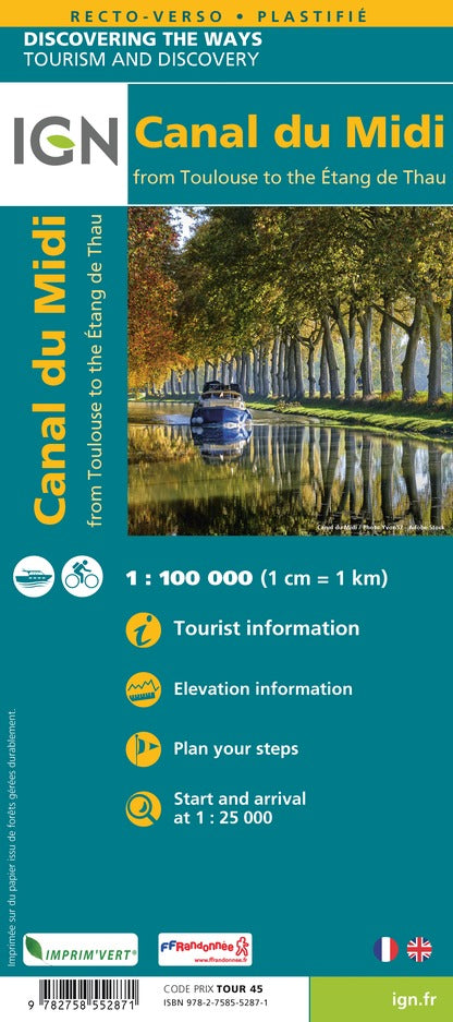Carte détaillée - Canal du Midi, de Toulouse à l'étang de Thau | IGN carte pliée IGN 
