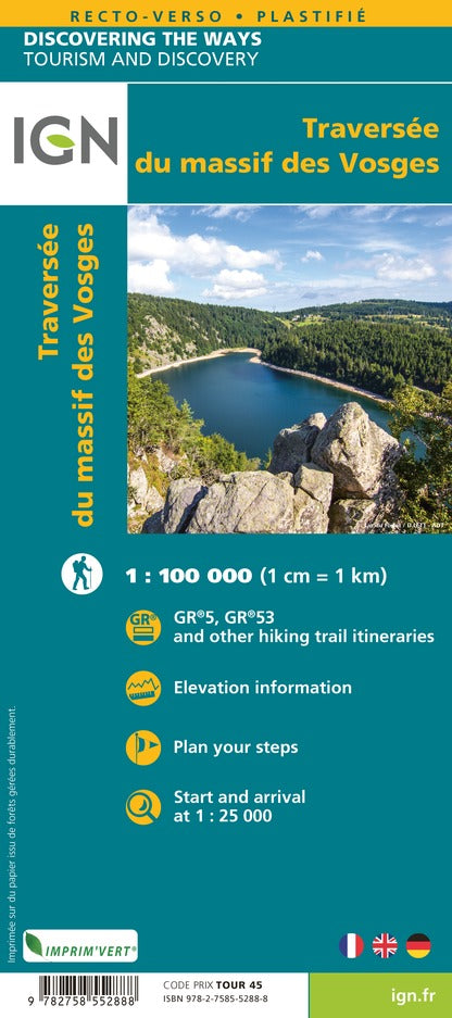 Carte détaillée - Traversée du massif des Vosges | IGN carte de randonnée IGN