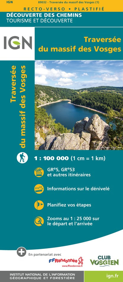 Carte détaillée - Traversée du massif des Vosges | IGN carte de randonnée IGN