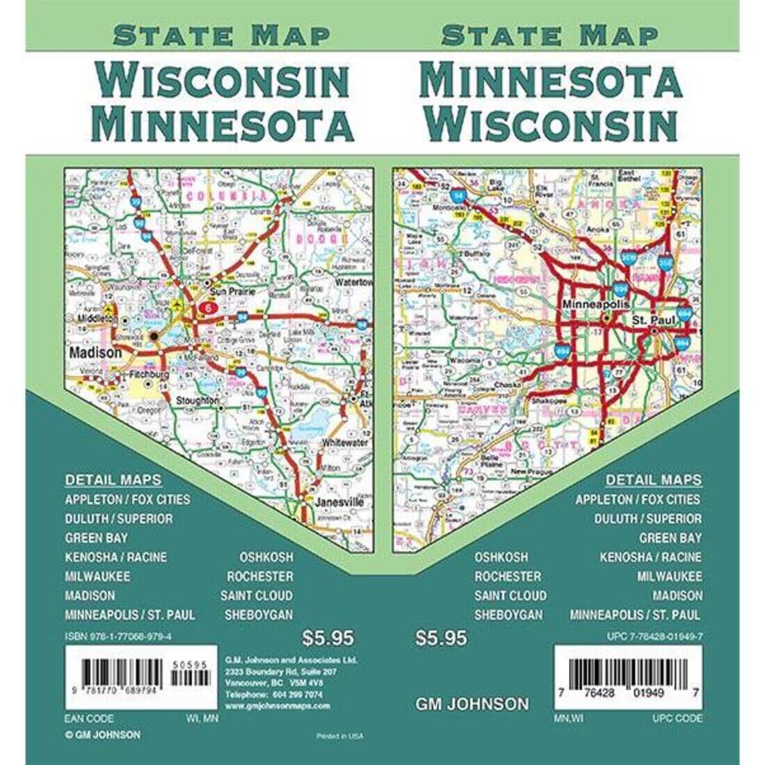 Carte d'État du Minnesota et du Wisconsin | GM Johnson carte routière GM Johnson