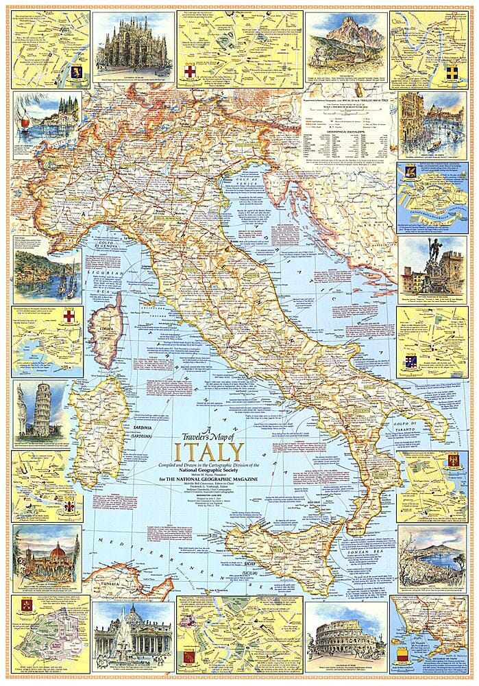 Carte d'Italie pour voyageurs de 1970 carte murale roulée (en tube) National Geographic Historic POD Default Title