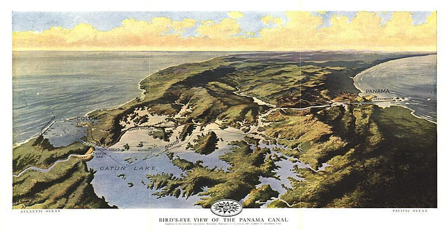 1912 Birds Eye View of the Panama Canal Map Wall Map 