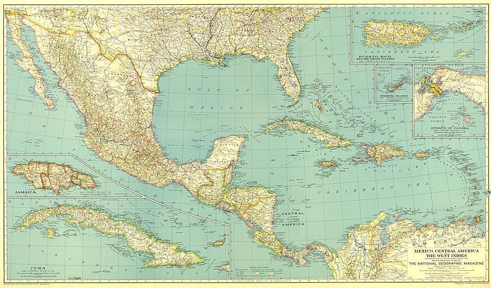 Carte du Mexique, de l'Amérique centrale et des Antilles de 1934 carte murale roulée (en tube) National Geographic Historic POD Default Title
