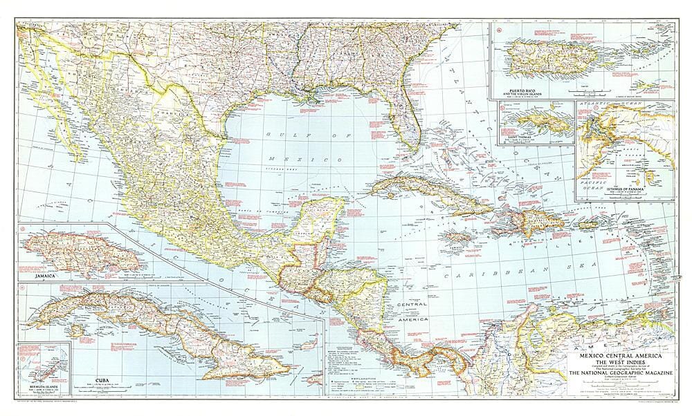 Carte du Mexique, de l'Amérique centrale et des Antilles de 1939 carte murale roulée (en tube) National Geographic Historic POD Default Title