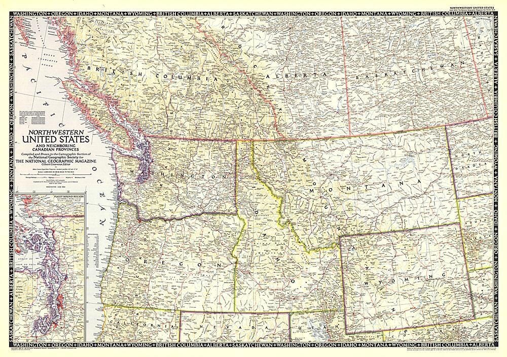 1950 Northwestern United States and Canadian Provinces Map Wall Map 
