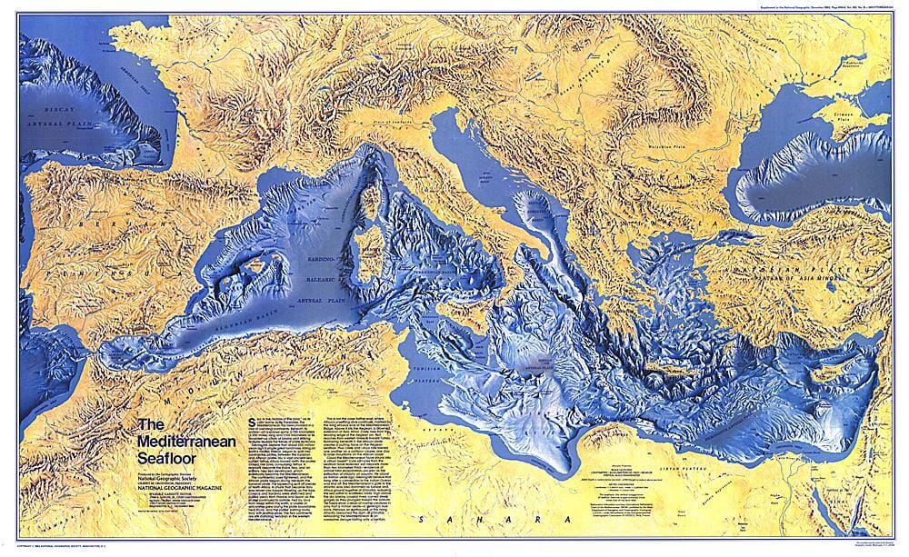 Carte du plancher océanique de la Méditerranée de 1982 carte murale roulée (en tube) National Geographic Historic POD Default Title