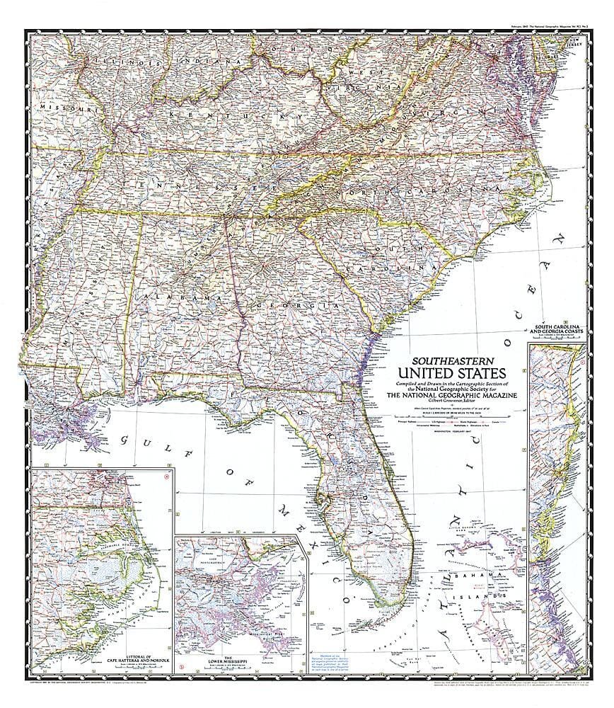 Carte du sud-est des États-Unis de 1947 carte murale roulée (en tube) National Geographic Historic POD Default Title
