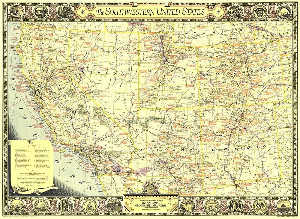 Carte du sud-ouest des États-Unis de 1940 carte murale roulée (en tube) National Geographic Historic POD Default Title