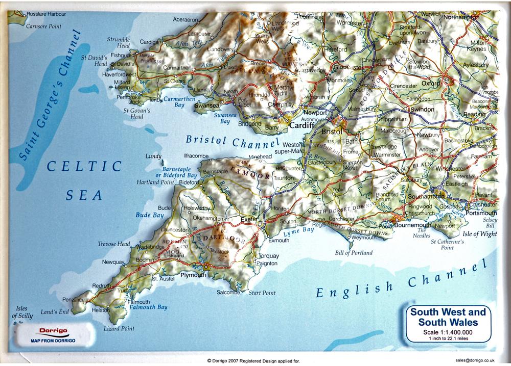 Carte en relief - Angleterre du Sud-Ouest - Format A4 | Dorrigo carte en relief Dorrigo Default Title