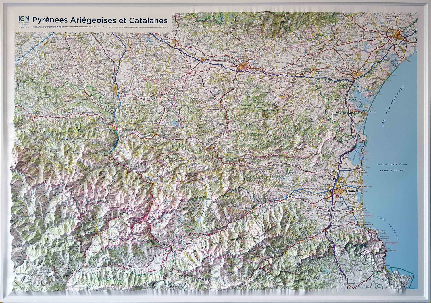 Carte murale en relief - Pyrénées ariégeoises et catalanes - 113 x 80 cm | IGN carte en relief IGN