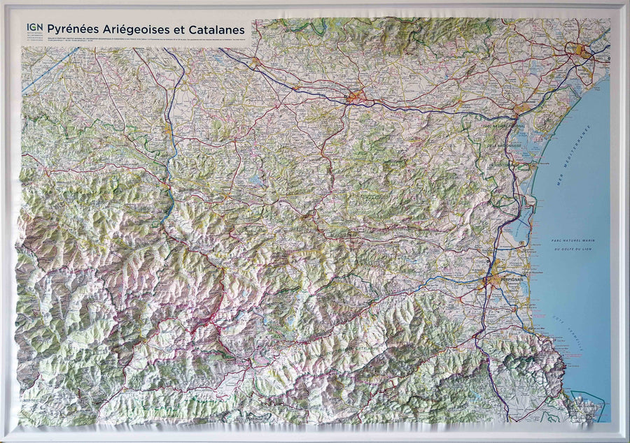 Carte en relief - Pyrénées ariégeoises et catalanes | IGN carte relief grande dimension IGN 