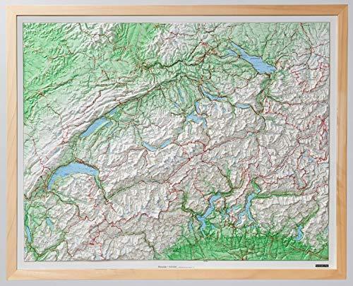 Carte murale en relief - Suisse (avec cadre en bois) - 82 x 68 cm | Kümmerly & Frey carte en relief Kümmerly & Frey