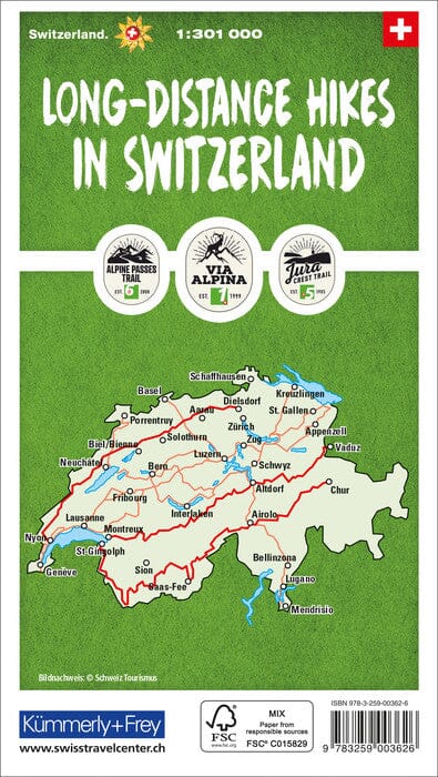 Carte générale - Sentiers de longue distance en Suisse | Kümmerly & Frey carte routière Kümmerly & Frey