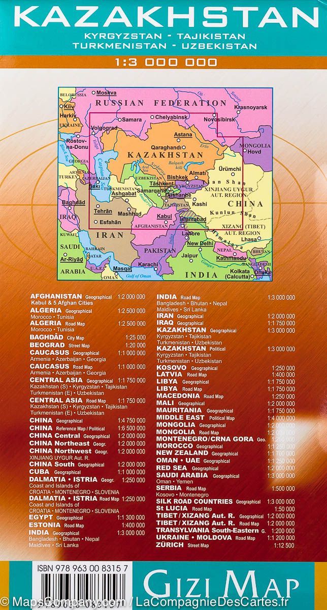 Carte géographique - Kazakhstan, Kyrgyzstan, Tajikistan, Turkmenistan & Ouzbekistan | Gizi Map carte routière Gizi Map