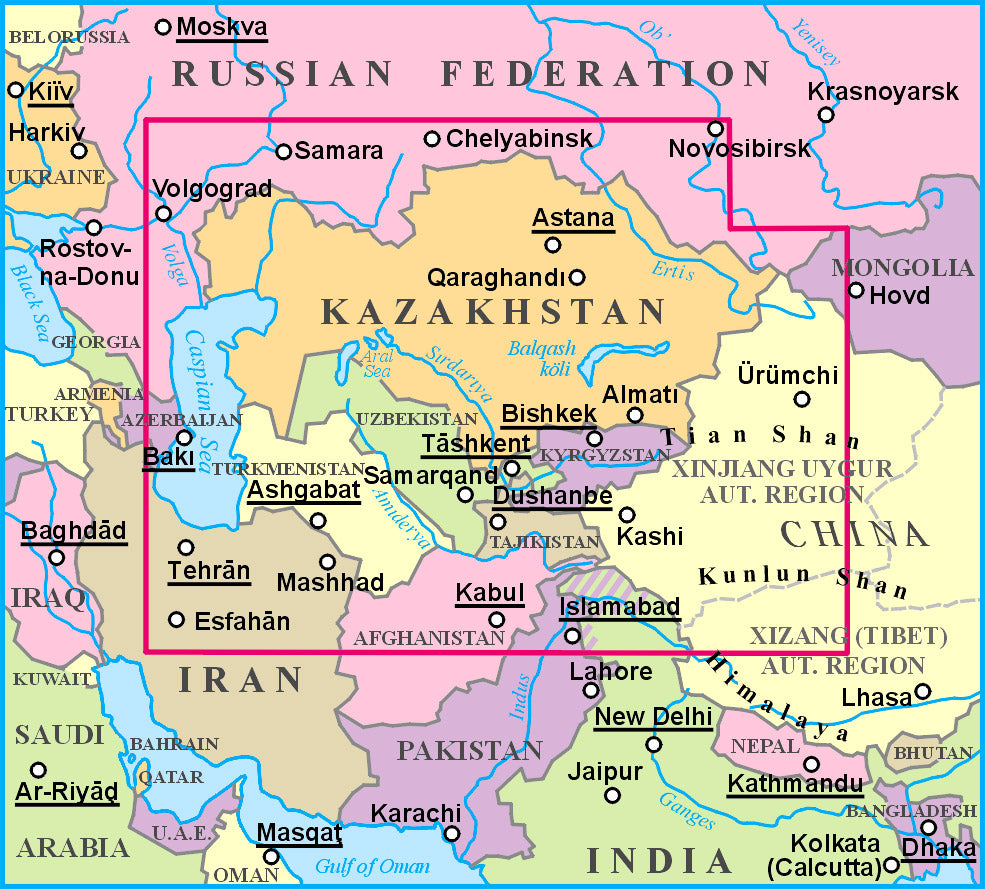Carte géographique - Kazakhstan, Kyrgyzstan, Tajikistan, Turkmenistan & Ouzbekistan | Gizi Map carte routière Gizi Map Default Title