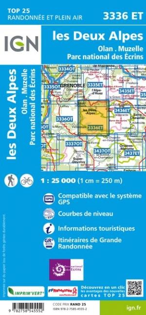 Carte IGN TOP 25 n° 3336 ET - Les Deux Alpes, Olan & Muzelle (PNR des Ecrins, Alpes) | IGN carte pliée IGN 