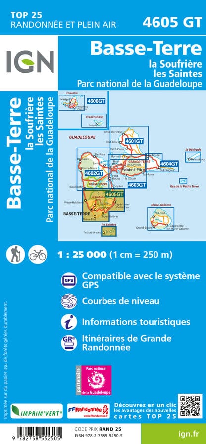 Carte IGN TOP 25 n° 4605 GT - Basse-Terre, la Souffrière, les Saintes, PN de la Guadeloupe (Guadeloupe) carte de randonnée IGN