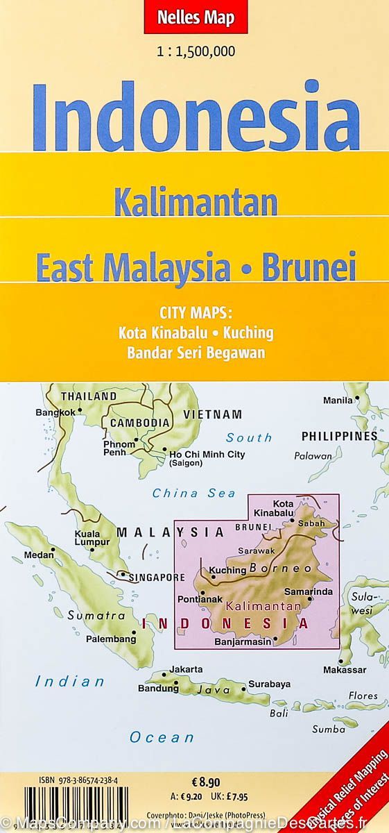 Carte imperméable - Kalimantan (Bornéo), de l'est de la Malaisie & Brunei | Nelles Map carte routière Nelles Verlag