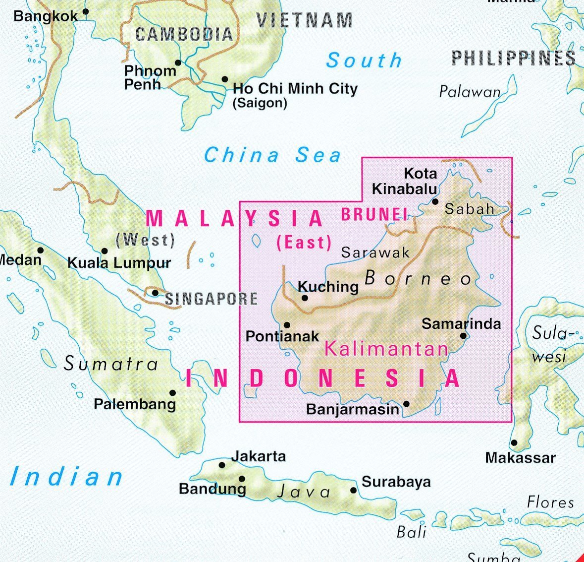Carte imperméable - Kalimantan (Bornéo), de l'est de la Malaisie & Brunei | Nelles Map carte routière Nelles Verlag