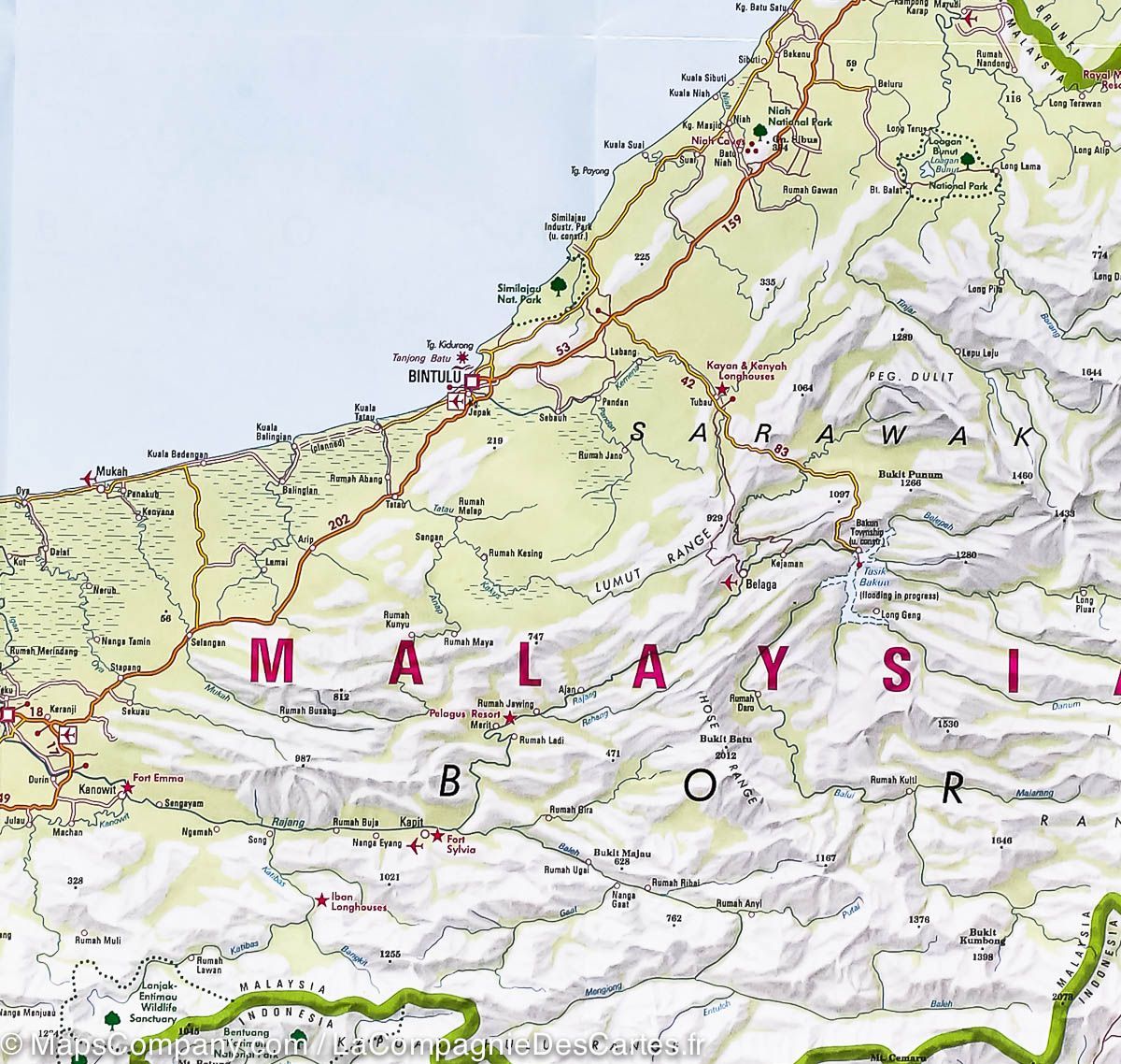 Carte imperméable - Kalimantan (Bornéo), de l'est de la Malaisie & Brunei | Nelles Map carte routière Nelles Verlag