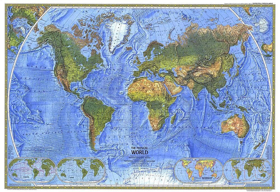 1975 Physical World Map Wall Map 