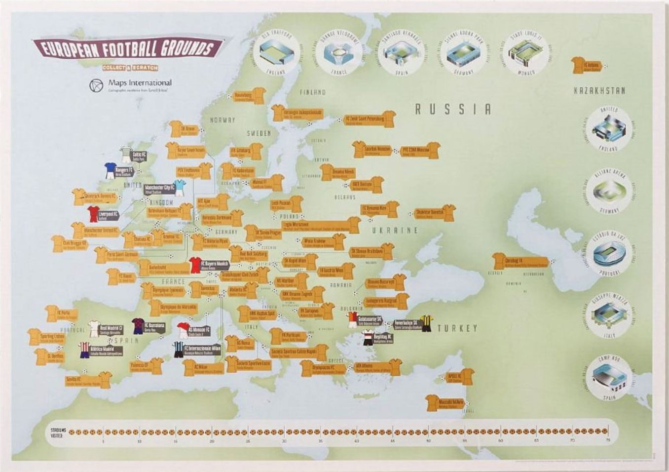 Carte murale à gratter (en anglais) - European Football Grounds - 59 x 42 cm | Maps International carte murale roulée (en tube) Maps International