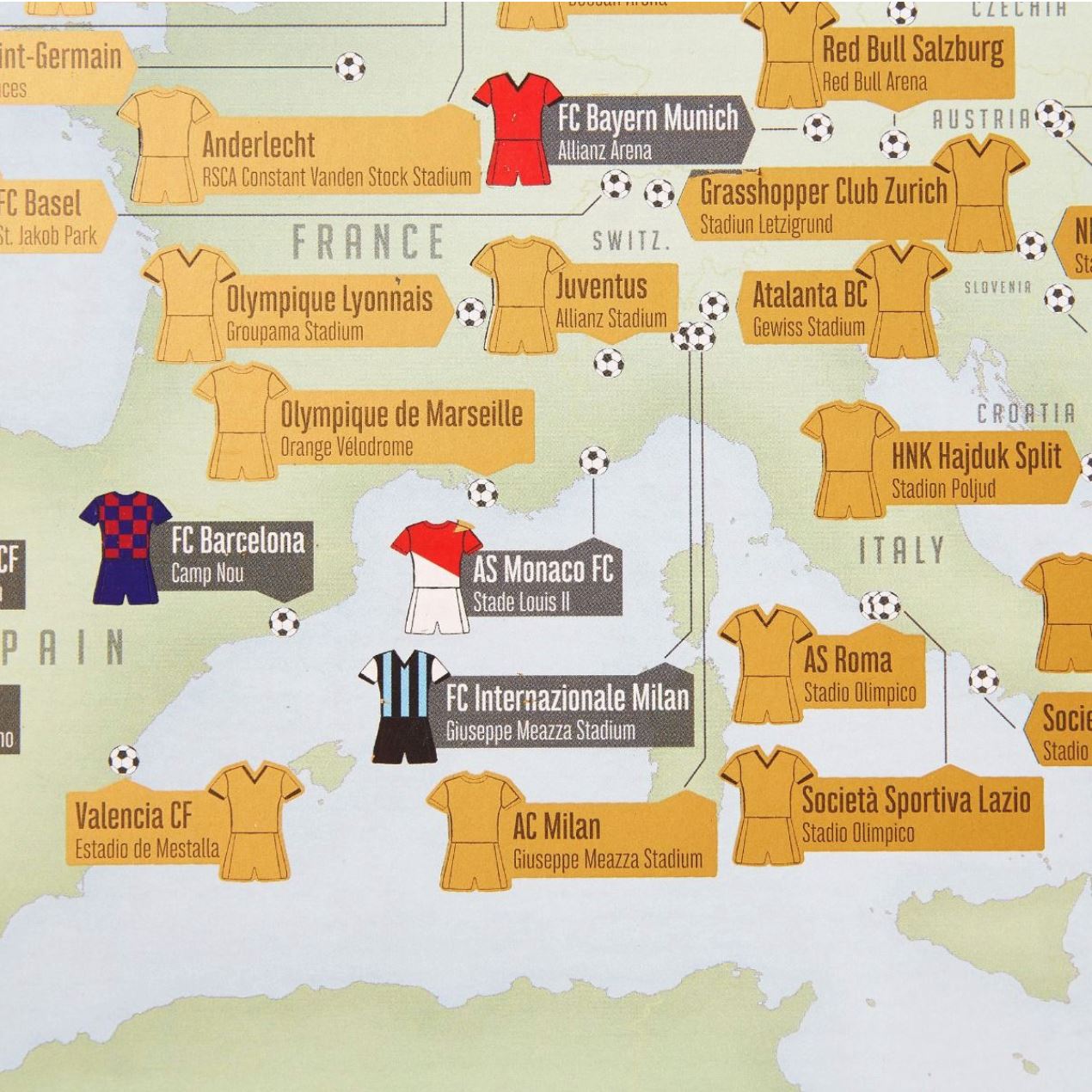 Carte murale à gratter (en anglais) - European Football Grounds - 59 x 42 cm | Maps International carte murale roulée (en tube) Maps International