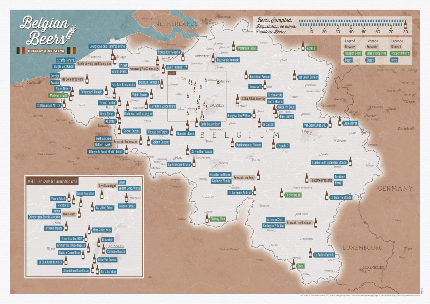 Carte murale à gratter (en anglais) - Les bières belges - 30 x 42 cm | Maps International carte murale roulée (en tube) Maps International