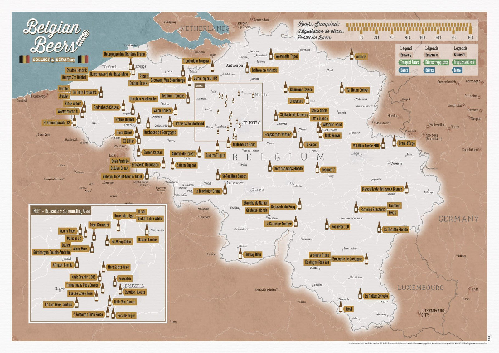 Carte murale à gratter (en anglais) - Les bières belges - 30 x 42 cm | Maps International carte murale roulée (en tube) Maps International