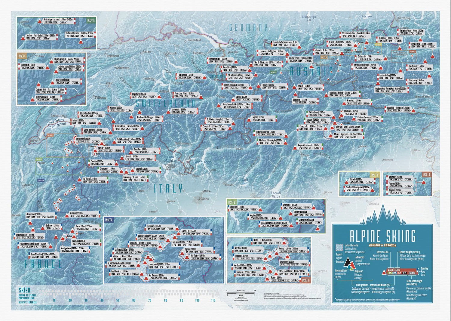Carte murale à gratter (en anglais) - Les stations de ski des Alpes - 69 x 42 cm | Maps International carte murale roulée (en tube) Maps International
